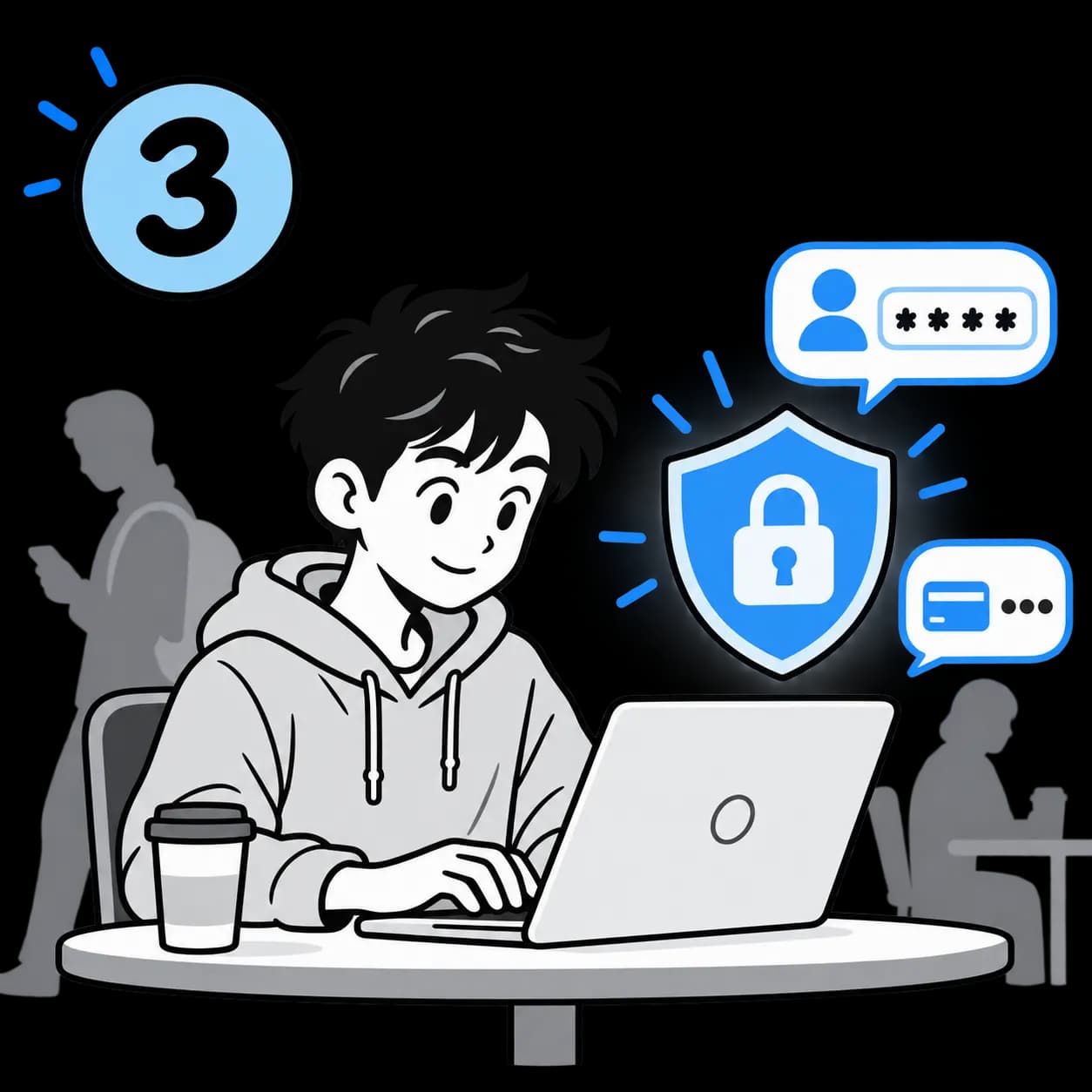 A person entering private information on a laptop with people nearby