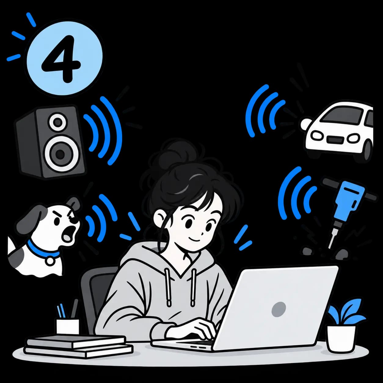 A person using a keyboard amid traffic, music, and other background noise