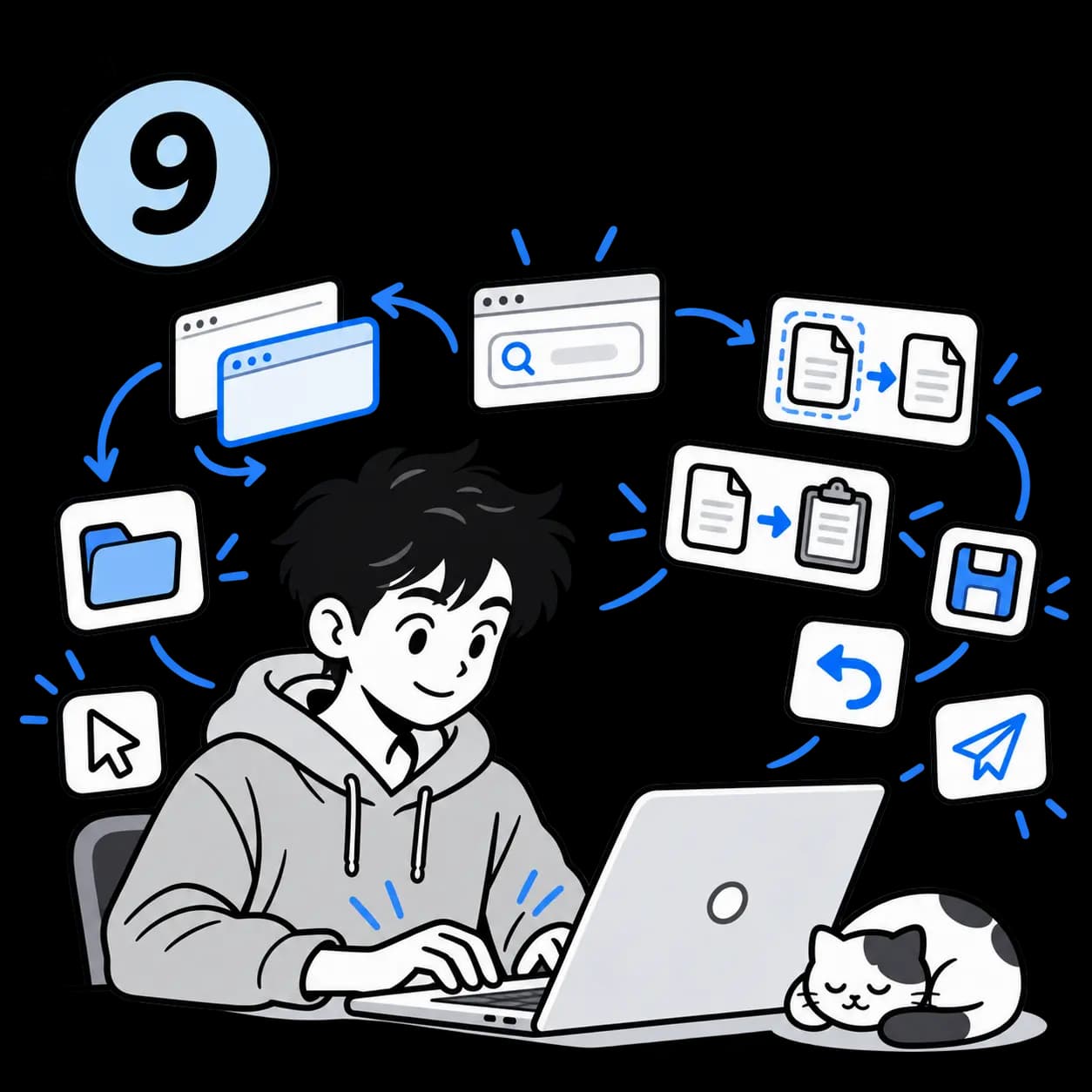 A person switching windows, copying, pasting, undoing, and saving with a keyboard