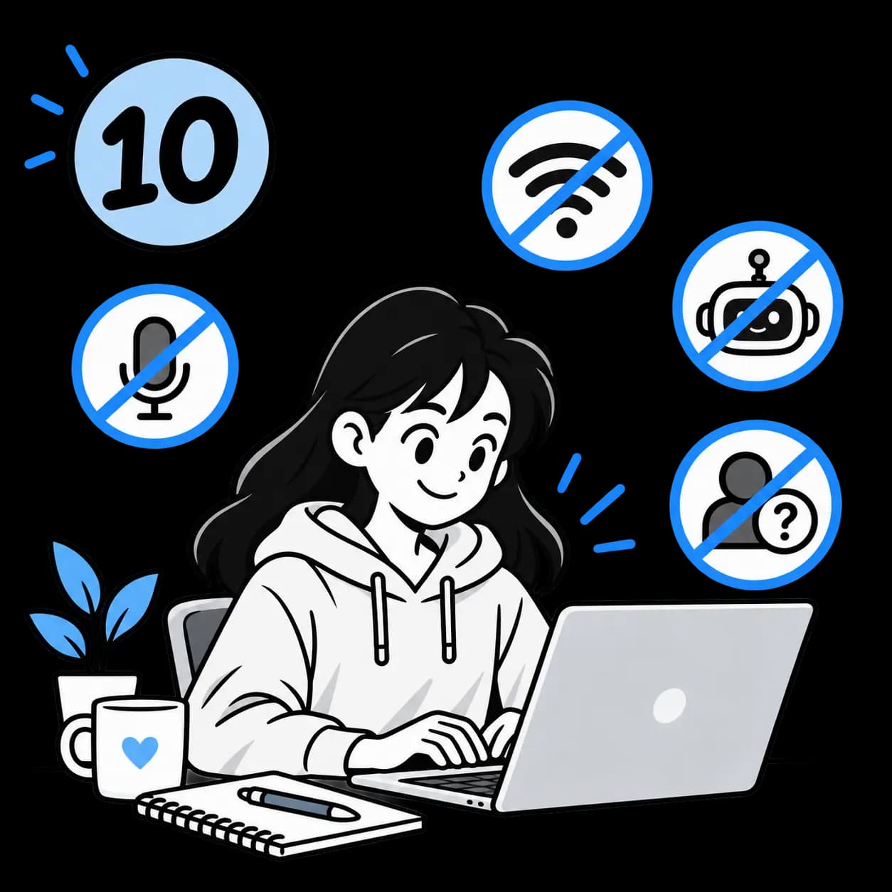A person continuing to work on a laptop without a microphone, internet, or AI